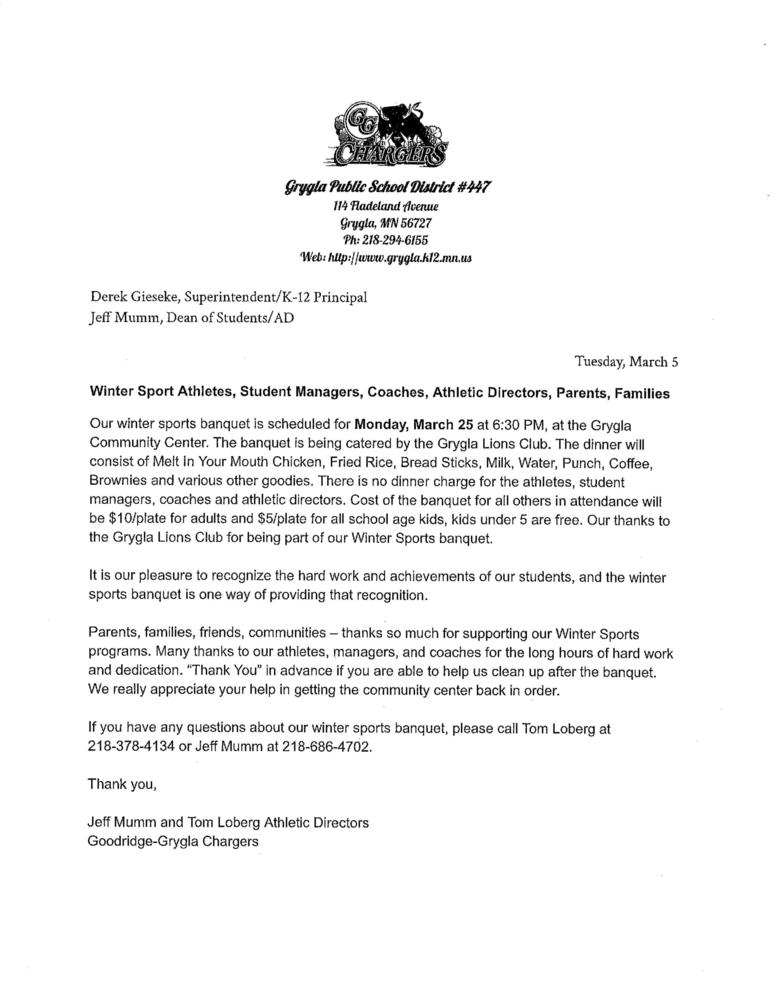 Winter Sports Banquet Grygla Public School