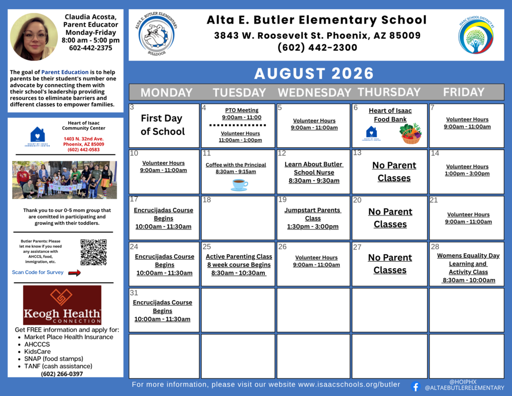 August - Family Activities and Workshop Calendar Spanish: Agosto - Calendario de Talleres y Actividades Familiares