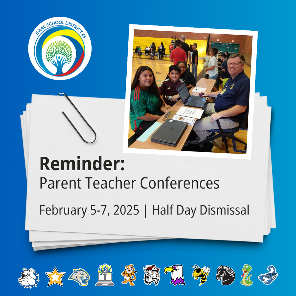 parent teacher conferences and half day dismissal reminder for February 5-7. Photo of a teacher with a student and their family.