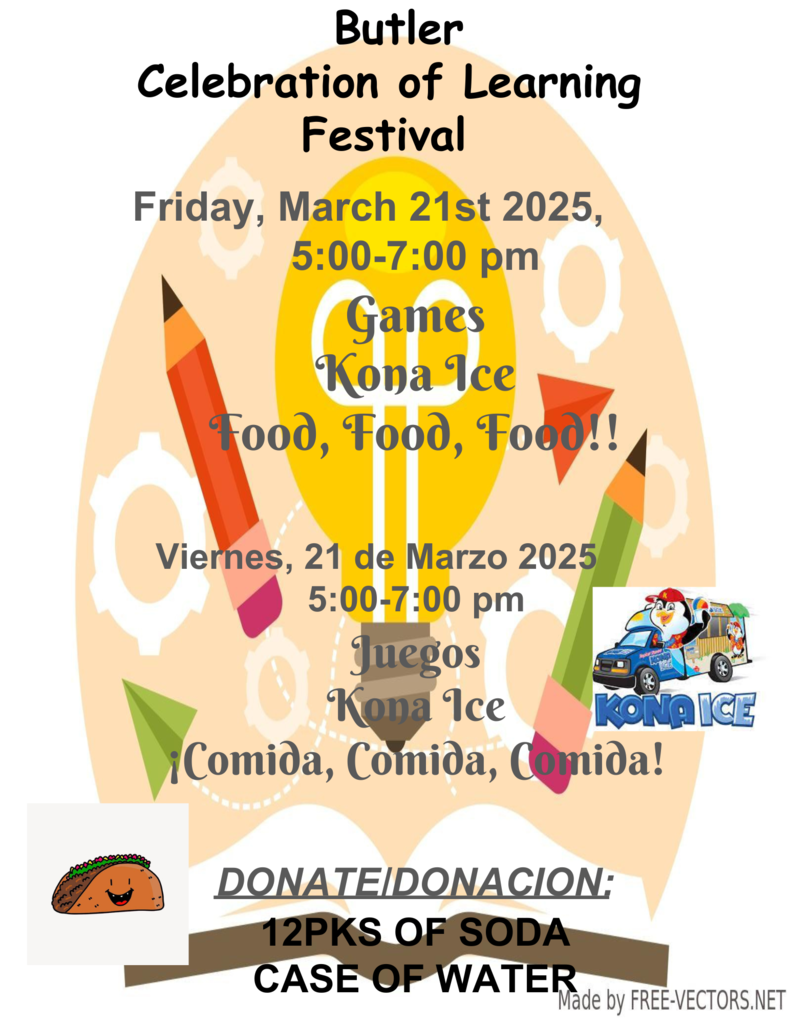 The image is a flyer for the Butler Celebration of Learning Festival, which will take place on: 📅 Friday, March 21st, 2025 ⏰ 5:00 - 7:00 PM 🎉 Activities: Games Kona Ice Food (highlighted multiple times) The flyer is bilingual (English & Spanish) and encourages donations of: 🧃 12 packs of soda 💧 Cases of water It features colorful school-themed graphics and fun images.