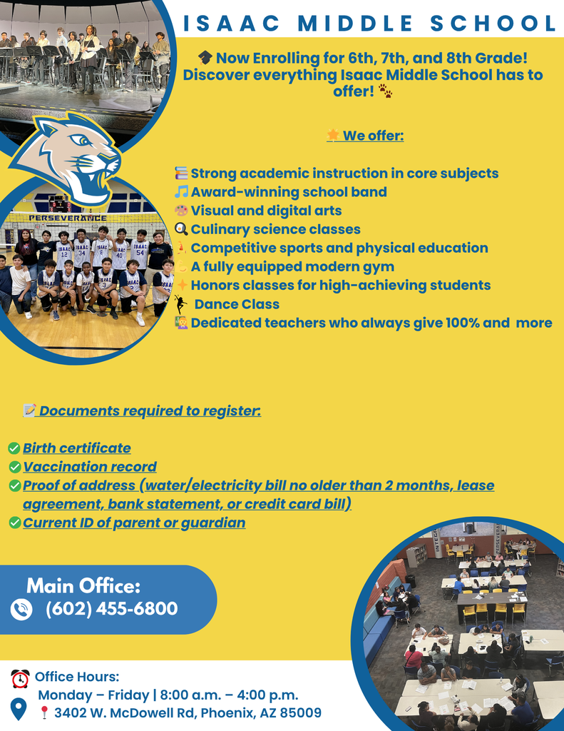 🎓✨ Now Enrolling at Isaac Middle School! Join our amazing Cougar Family! 🐾 Where unity, loyalty, integrity, dedication, and perseverance guide everything we do. 💙 Discover our unique programs in art, band, P.E., culinary science, and more. 📍 Visit us today and experience the IMS spirit!