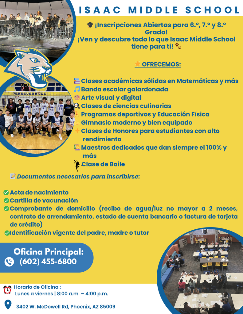 🎓✨ Now Enrolling at Isaac Middle School! Join our amazing Cougar Family! 🐾 Where unity, loyalty, integrity, dedication, and perseverance guide everything we do. 💙 Discover our unique programs in art, band, P.E., culinary science, and more. 📍 Visit us today and experience the IMS spirit!
