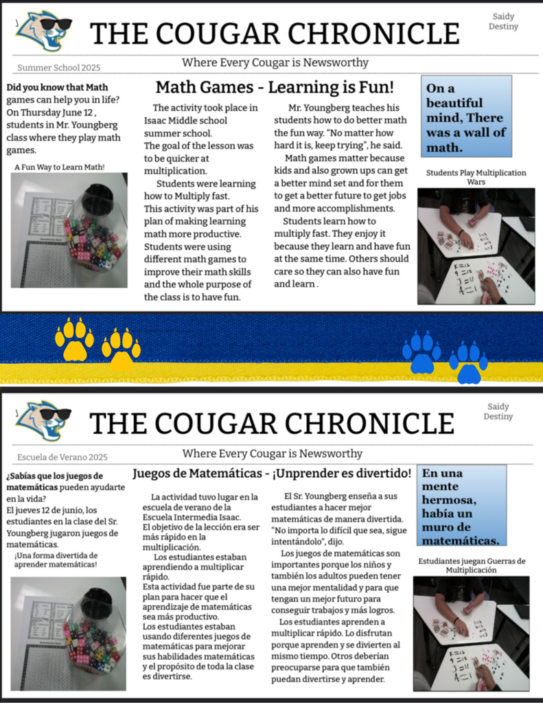 📝💡 Math can be fun too! During summer classes at Isaac Middle School, our students learned through games and captured their experience in this brand-new journalism article. 🎲📚 Creativity, learning, and Cougar pride in every corner! 🐾