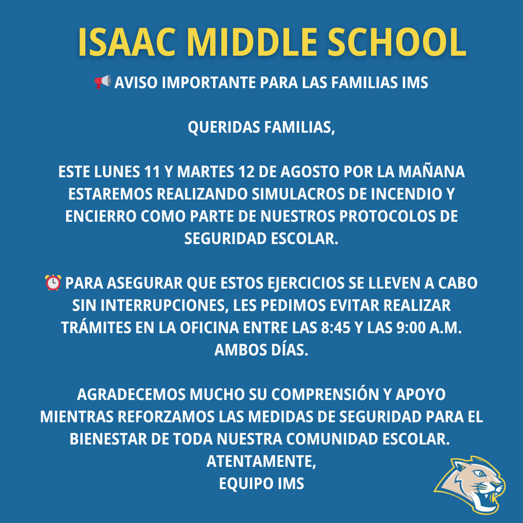📢 Important Notice for IMS Families Dear families, On Monday, August 11, and Tuesday, August 12, we will be conducting fire and lockdown drills in the morning as part of our school safety protocols. ⏰ To ensure the drills run smoothly, we kindly ask that you avoid visiting the office between 8:45 and 9:00 a.m. on both days. Thank you for your understanding and support as we continue to strengthen our safety procedures for the well-being of our entire school community. 💙 Sincerely, IMS Team