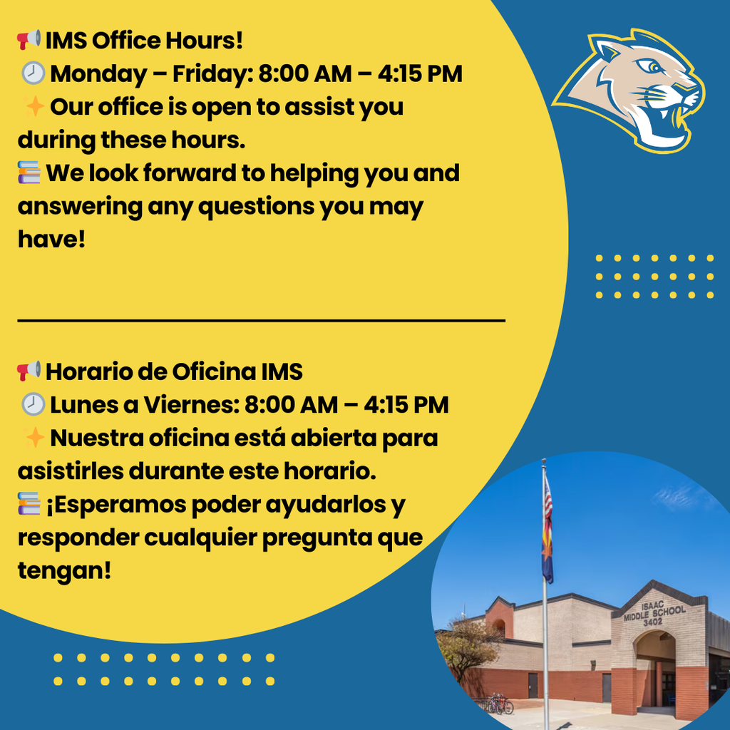 📢 IMS Office Hours! 🕗 Monday – Friday: 8:00 AM – 4:15 PM ✨ Our office is open to assist you during these hours. We look forward to helping you and answering any questions you may have!