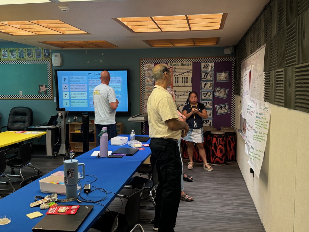 A classroom scene featuring a group of individuals engaged in a presentation, with a projector screen displaying content.