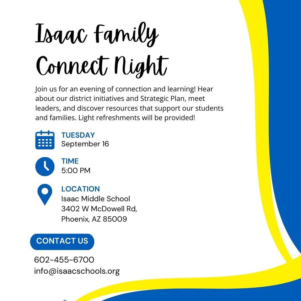 🌟 Isaac Connection Night 🌟 📚 Learn about our District Strategic Plan & initiatives 🤝 Meet our school leaders 💡 Discover resources for students and families 🍪 Enjoy light refreshments while connecting with our community!