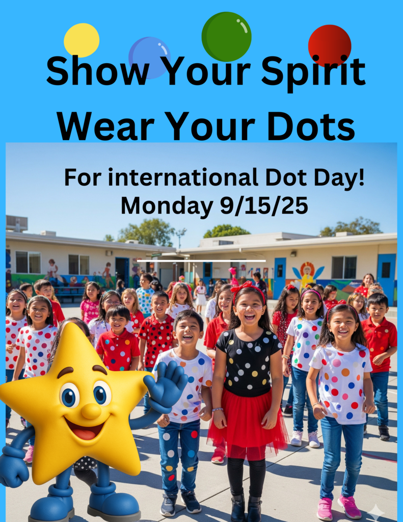 A large group of smiling elementary school students stand outside in front of classrooms, wearing colorful polka-dot shirts in celebration of International Dot Day. The children are dressed in various colors, including red, black, and white with bright dot patterns. In the foreground, a cheerful yellow star mascot with big blue eyes, a smile, and waving hand is standing next to the students. The background shows school buildings painted with murals, blue doors, and a clear sky.
