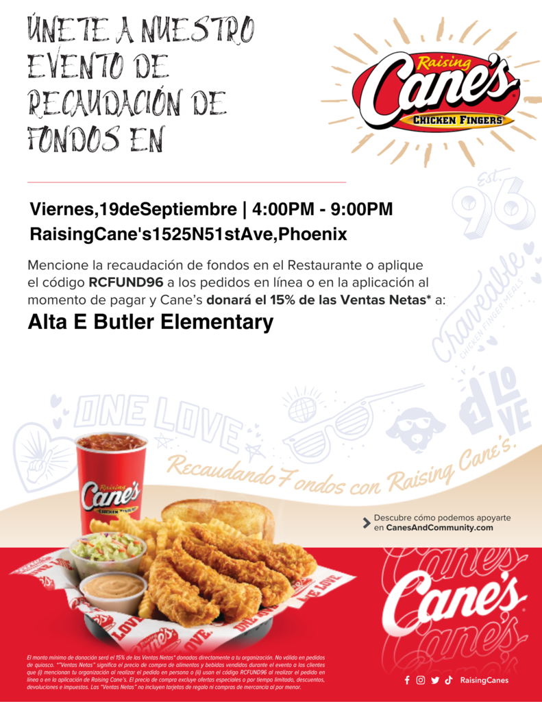 Support Butler School at Cane’s!   ¡Apoya a la Escuela Butler en Cane’s!