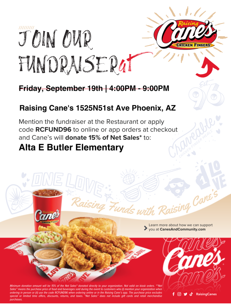 🎉 Let’s Support Butler Elementary! 🎉  Join us tonight at Raising Cane’s (51st Ave & McDowell) and help raise funds for our school community. 🍗💙  Just mention Butler Elementary at checkout or use the online code so the proceeds benefit the school directly.  Thank you for supporting our district schools! 🙌