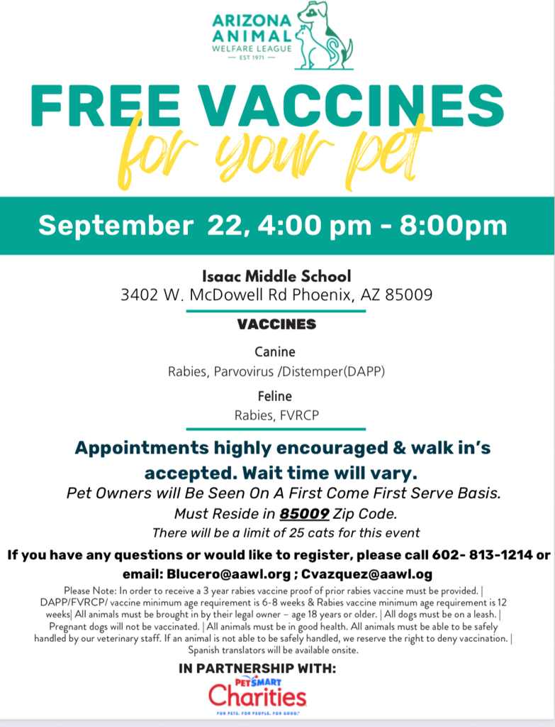 🐾 Pet Vaccination Clinic – Today at IMS! 🐾  📍 Isaac Middle School (3402 W McDowell Rd, Phoenix) 🕓 Monday, September 22 | 4:00 pm – 8:00 pm  Special thanks to PetSmart Charities and everyone who makes this wonderful support possible for our families and their pets!