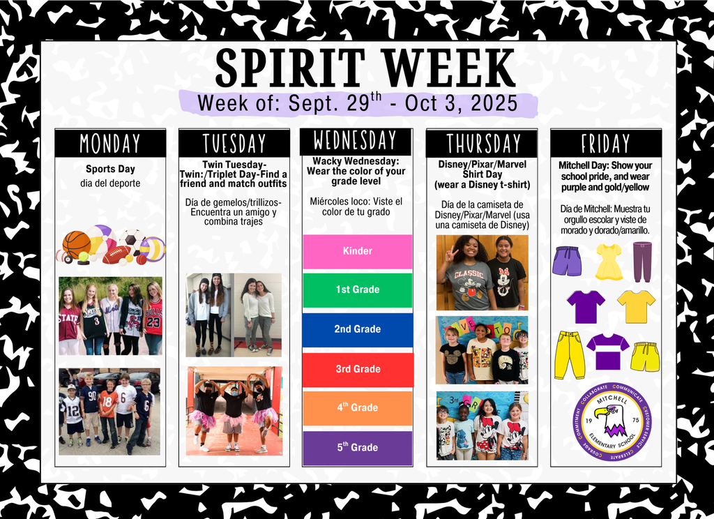 Spirit Week; Week of: September 29th -October 3rd