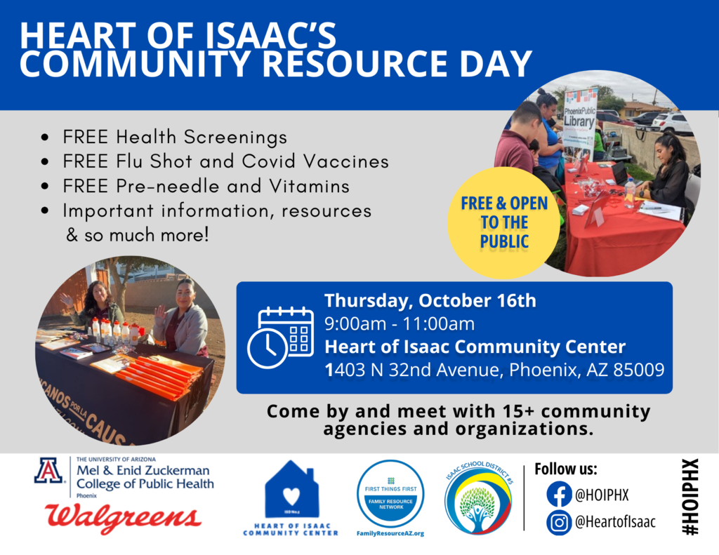 Join us for Heart of Isaac's Community Resource Day on Thursday, October 16th from 9 to 11 am.  Únase con  nosotros para Heart of Isaac's Día de Recursos Comunitarios  organizado en Butler School el jueves, 16 de octubre de 9 a 11 am.
