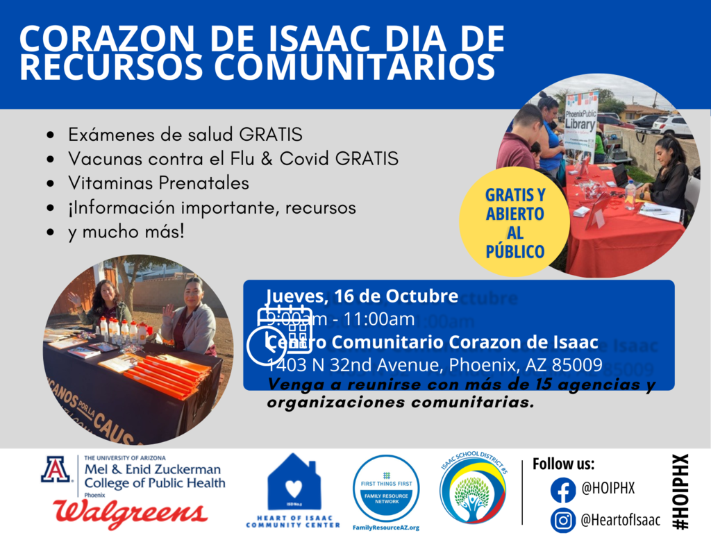Join us for Heart of Isaac's Community Resource Day on Thursday, October 16th from 9 to 11 am.  Únase con  nosotros para Heart of Isaac's Día de Recursos Comunitarios  organizado en Butler School el jueves, 16 de octubre de 9 a 11 am.