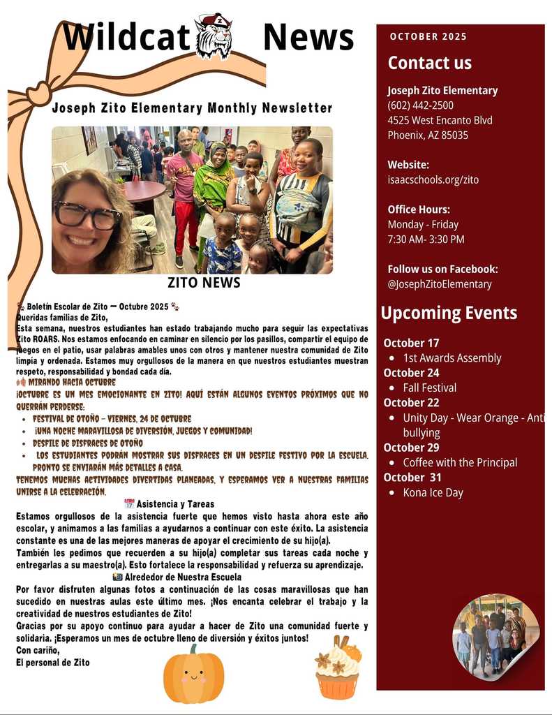 Spanish Cover letter of October Newsletter important dates and information .