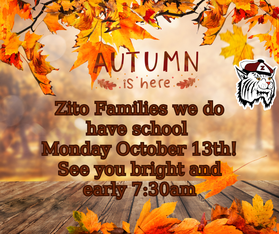 Zito comes back to school Monday October 13th.