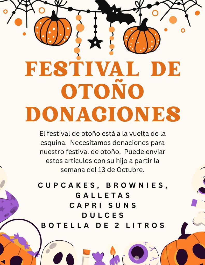 Fall Festival de otono donaciones, Cupcakes, Brownies, galetas, capri suns, ducles, botella de 2 litros