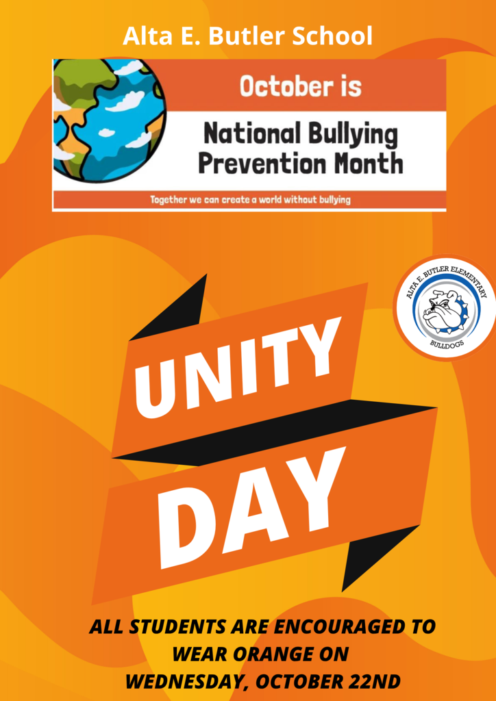 Wednesday, October 22nd will be Unity Day! All students are encouraged to wear orange to show that we are together against bullying and united for kindness, acceptance, and inclusion. ¡El miĂ©rcoles 22 de octubre será el DĂa de la Unidad! Animamos a todos los estudiantes a vestir de color naranja para demostrar que estamos juntos contra el acoso y unidos por la bondad, la aceptaciĂłn y la inclusiĂłn.