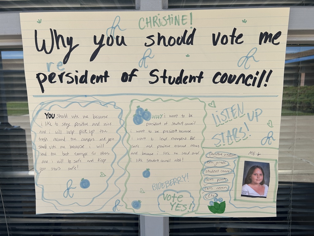 A campaign poster for Christine for Student Council President. The poster uses a blueberry theme, asking "Why you should vote me re persident of Student council!"