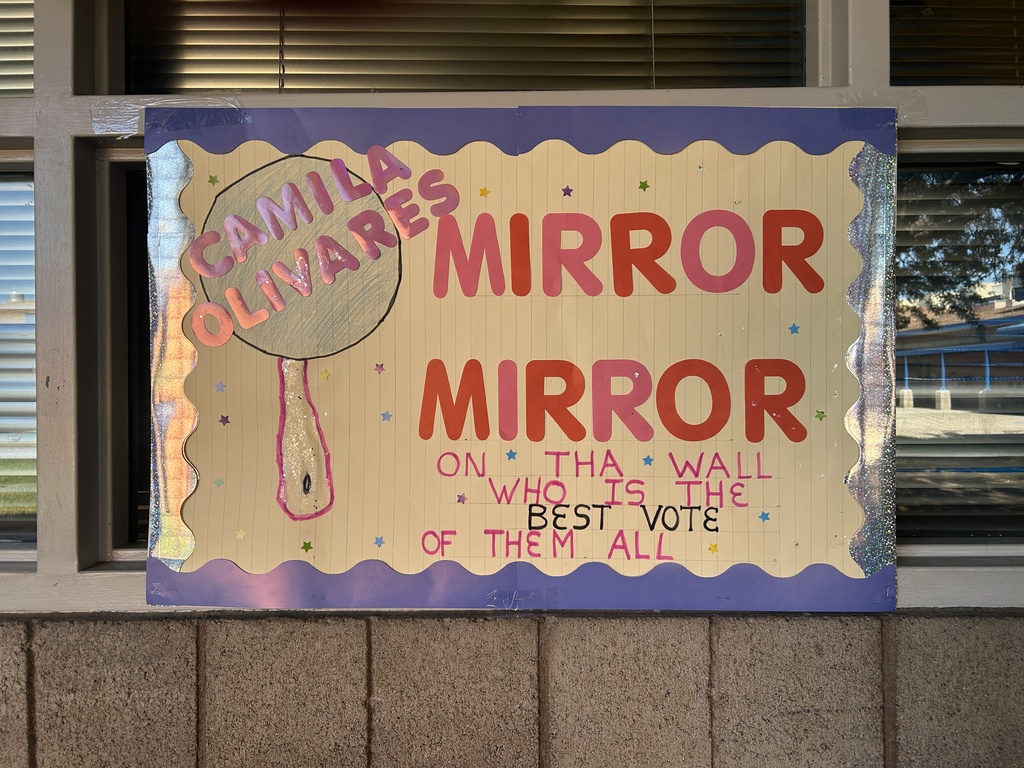 A glitter-framed campaign poster for Camila Olivares with a drawing of a mirror, using a fairy tale theme.