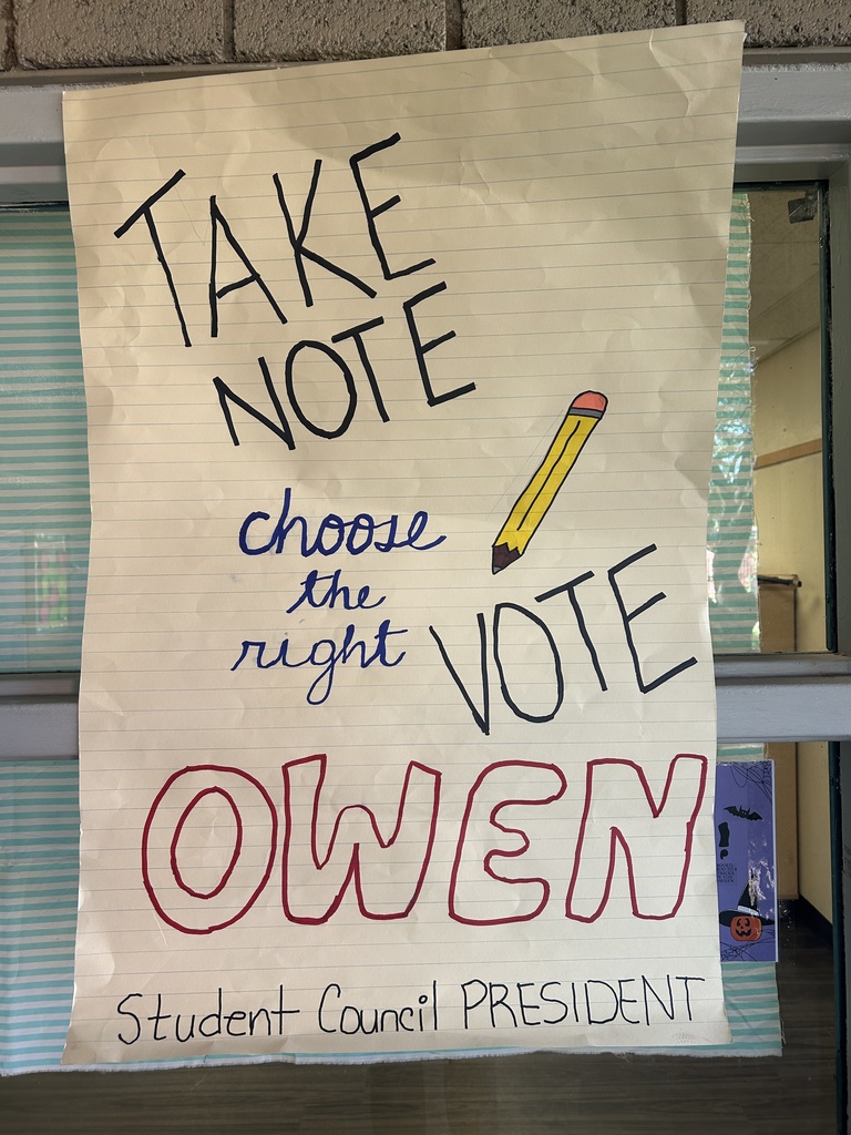 A simple, direct campaign poster that says, "TAKE NOTE choose the right VOTE OWEN Student Council President," with a drawing of a pencil.