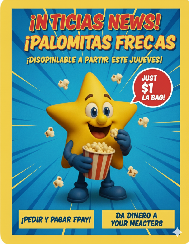 A bright, vibrant flyer advertising popcorn sales. The background is blue with yellow rays emanating from the center. A happy, yellow star mascot with a small yellow nose, wearing blue gloves, is smiling while holding a piece of popcorn and a red and white striped bucket overflowing with popcorn. The text at the top in large, bold, red and yellow letters reads: "¡NOTICIAS EMOCIONANTES! ¡PALOMITAS FRESCAS! ¡DISPONIBLE A PARTIR DE ESTE JUEVES!" A red circular badge highlights the price: "¡SOLO $1 LA BOLSA!" The bottom text instructs: "¡PREORDENA Y PAGA POR ADELANTADO! ¡DALE EL DINERO A TUS MAESTROS!"