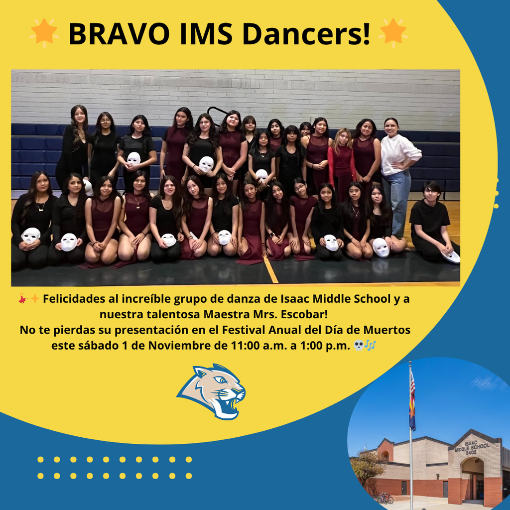 🌟 BRAVO IMS Dancers! 🌟 Our talented Isaac Middle School dancers wowed everyone this morning with an incredible performance during Learning Lab. 💃🕺 Want to see them in action? 🎶 Join us Saturday, November 1 for our Annual Día de Muertos Festival from 11:00 a.m. to 1:00 p.m. ✨ IMS Band and Dance Group will dazzle the audience with energy and tradition! 💀🎺🎭 #IMSPride #CougarSpirit #DiaDeLosMuertos #IsaacMiddleSchool