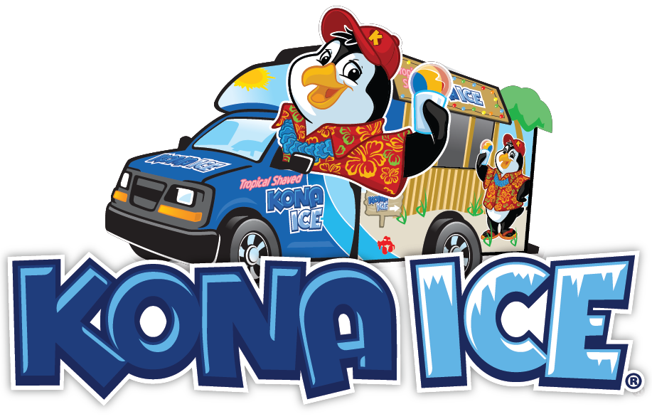 Kona Ice logo - a penguin in tropical clothes driving a food truck and holding a shaved ice