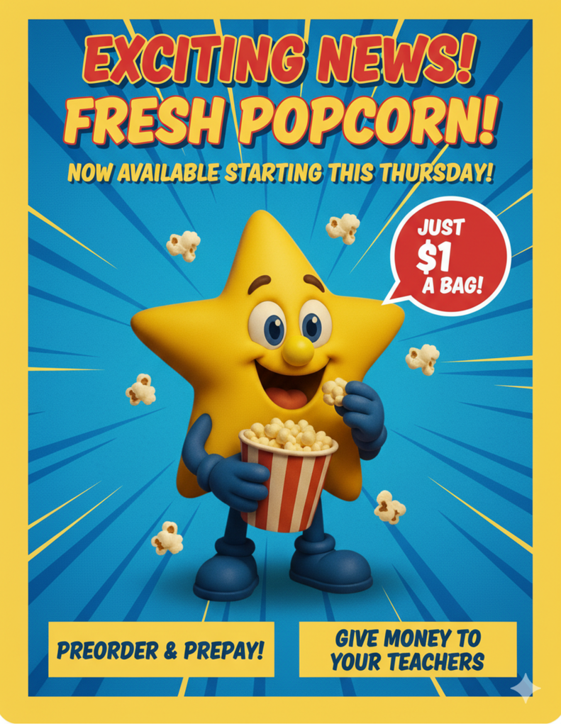 A bright, vibrant flyer advertising popcorn sales. The background is blue with yellow rays emanating from the center. A happy, yellow star mascot with a small yellow nose, wearing blue gloves, is smiling while holding a piece of popcorn and a red and white striped bucket overflowing with popcorn.