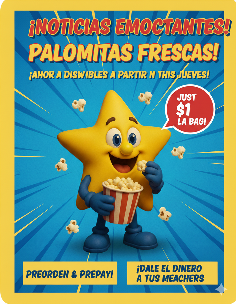 A bright, vibrant flyer advertising popcorn sales. The background is blue with yellow rays emanating from the center. A happy, yellow star mascot with a small yellow nose, wearing blue gloves, is smiling while holding a piece of popcorn and a red and white striped bucket overflowing with popcorn. The text at the top in large, bold, red and yellow letters reads: "¡NOTICIAS EMOCIONANTES! ¡PALOMITAS FRESCAS! ¡DISPONIBLE A PARTIR DE ESTE JUEVES!" A red circular badge highlights the price: "¡SOLO $1 LA BOLSA!" The bottom text instructs: "¡PREORDENA Y PAGA POR ADELANTADO! ¡DALE EL DINERO A TUS MAESTROS!"