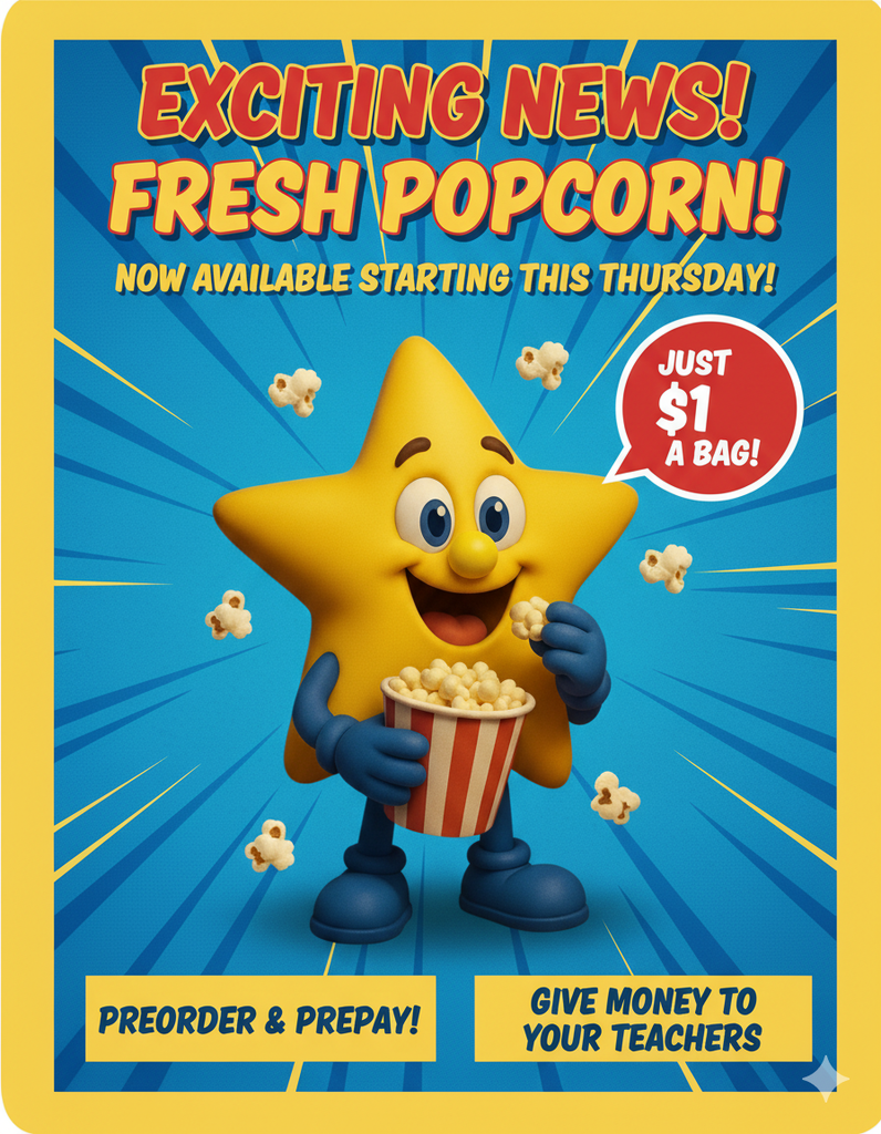 A bright, vibrant flyer advertising popcorn sales. The background is blue with yellow rays emanating from the center. A happy, yellow star mascot with a small yellow nose, wearing blue gloves, is smiling while holding a piece of popcorn and a red and white striped bucket overflowing with popcorn. The text at the top in large, bold, red and yellow letters reads: "¡NOTICIAS EMOCIONANTES! ¡PALOMITAS FRESCAS! ¡DISPONIBLE A PARTIR DE ESTE JUEVES!" A red circular badge highlights the price: "¡SOLO $1 LA BOLSA!" The bottom text instructs: "¡PREORDENA Y PAGA POR ADELANTADO! ¡DALE EL DINERO A TUS MAESTROS!"