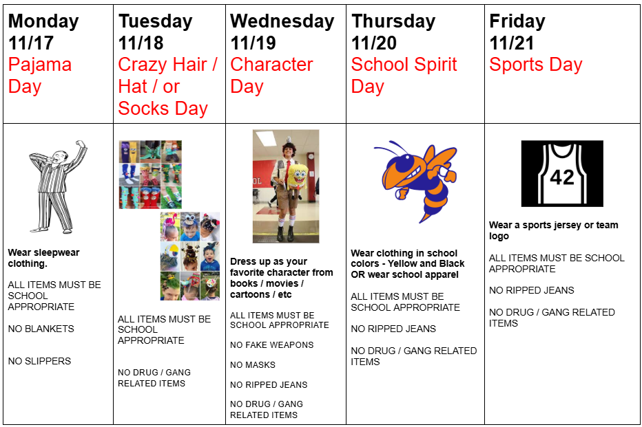 Spirit week calendar: All outfits and items must be school appropriate. Monday 11/17 - Pajama day (wear sleepwear clothing, no blankets, no slippers). Tuesday 11/18 - Crazy hair, hat, or socks day (no drug/gang related items). Wednesday 11/19 - Character Day (dress up at your favorite character from books/movies/cartoons etc., no fake weapons, no masks, no ripped jeans, no drug/gang related items). Thursday 11/20 - School Spirit Day (no ripped jeans, no drug/gang related items). Friday 11/21 - Sports day (wear a sports jersey or team logo, no ripped jeans, no drug/gang related items).