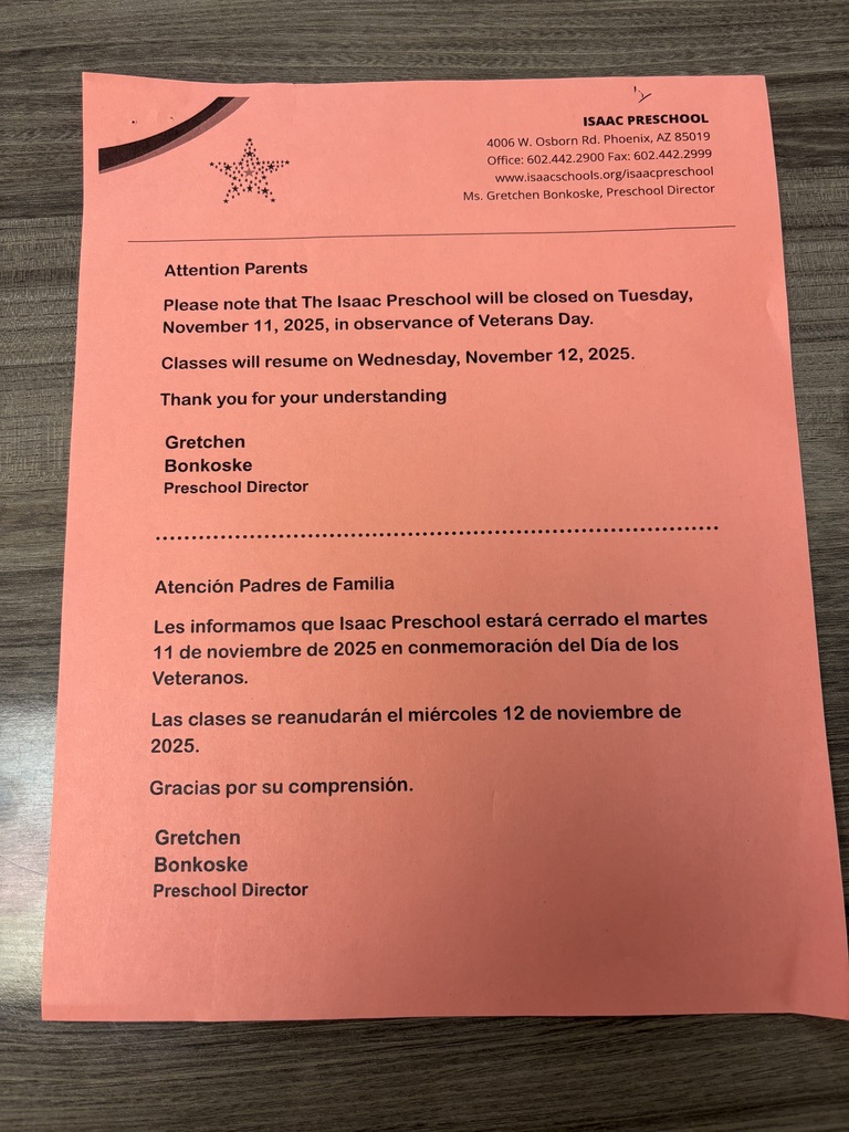 Coral-colored flyer announcing that the preschool will be closed for Veteran's Day on November 11th in both English and Spanish text.