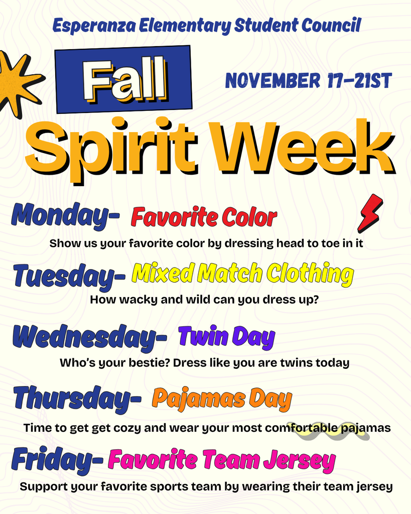 This is a digital flyer for Esperanza Elementary Student Council's Fall Spirit Week, scheduled for November 17th-21st. The background is white with light grey lines. At the top left, there's a stylized yellow sunburst. The title "Esperanza Elementary Student Council" is in blue text at the top. Below this, a blue banner with a jagged edge reads "Fall" in white text, overlapping the larger orange text "Spirit Week" which has a white outline. To the right of "Fall," it states "NOVEMBER 17-21ST" in blue text.