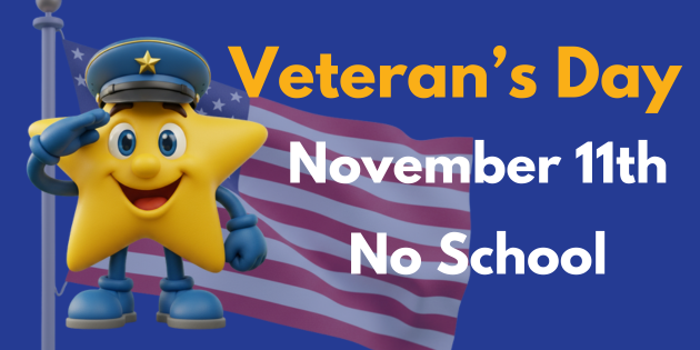 A 3D-rendered digital illustration featuring the Esperanza Star mascot on the left, depicted as a friendly, bright yellow cartoon star with blue gloves and boots. The star is wearing a blue military-style cap with a yellow star emblem and is saluting. In the background, a large American flag is partially visible, fluttering gently. The right side of the image features bold text on a solid blue background that reads: "Veteran's Day" in yellow, followed by "November 11th" and "No School" in white. The overall scene is patriotic and informative, clearly communicating details about Veterans Day.