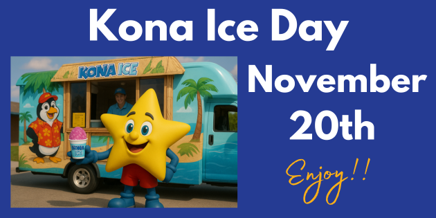 A brightly colored graphic promoting "Kona Ice Day" on October 23rd. The background is a solid royal blue. On the left, there is a photograph featuring a light blue Kona Ice truck with palm tree graphics. In front of the truck stands the Kona Ice mascot, a smiling yellow star wearing red shorts, holding a pink shaved ice cup. A person is visible inside the truck, and a mascot-like penguin is on the side of the truck. The text "Kona Ice Day" is at the top in large white letters. The date "October 23rd" is to the right in large white letters, followed by "Enjoy!!" in a smaller, stylized orange-yellow script.