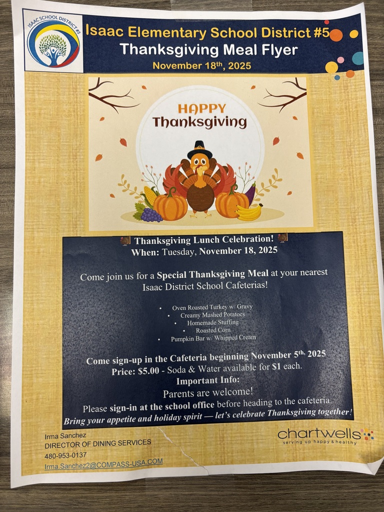 Tan and navy flyer with a turkey in the middle  describing a Thanksgiving meal offered for families of the school as well as what's included in the meal and the prices. 