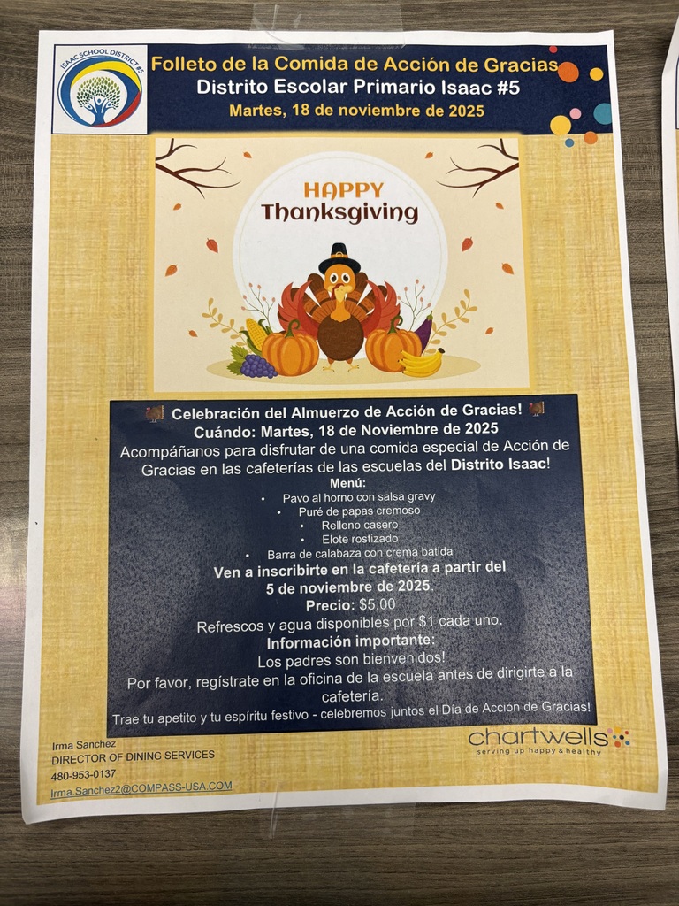 Folleto color beige y azul marino con un pavo en el centro que describe una comida de Acción de Gracias ofrecida a las familias de la escuela, así como lo que incluye la comida y los precios.