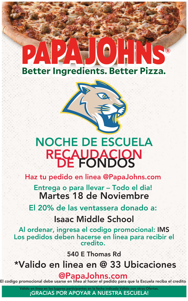 IMS community, today is the day to support! 💪🍕 Order your pizza online this November 18 using the code IMS, and help bring 20% of sales back to our school. Every order makes a difference! Thank you for being part of our amazing community. Victory Together!