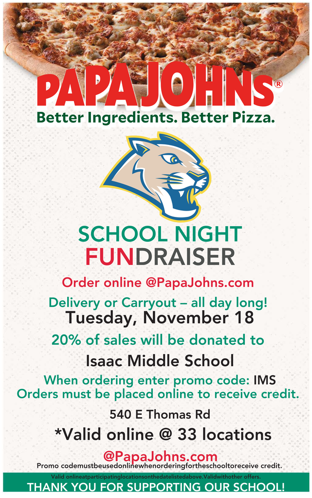 IMS community, today is the day to support! 💪🍕 Order your pizza online this November 18 using the code IMS, and help bring 20% of sales back to our school. Every order makes a difference! Thank you for being part of our amazing community. Victory Together!