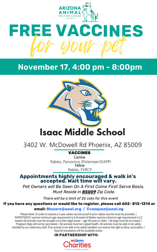 Today at IMS! 🐾 Pet Vaccine Clinic – starting at 4 PM