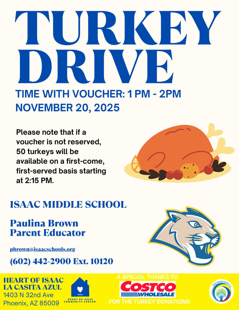 Attention IMS families! 🦃 We have 20 coupons available to redeem 1 turkey at La Casita Azul (HOI)!  Pick up your ticket starting today at the school.  The turkey can be picked up on Thursday, November 20, from 1 PM to 2 PM at La Casita Azul.  Ask for the Parent Educator when you arrive.  ⚠️ Only 20 tickets available – first come, first served!
