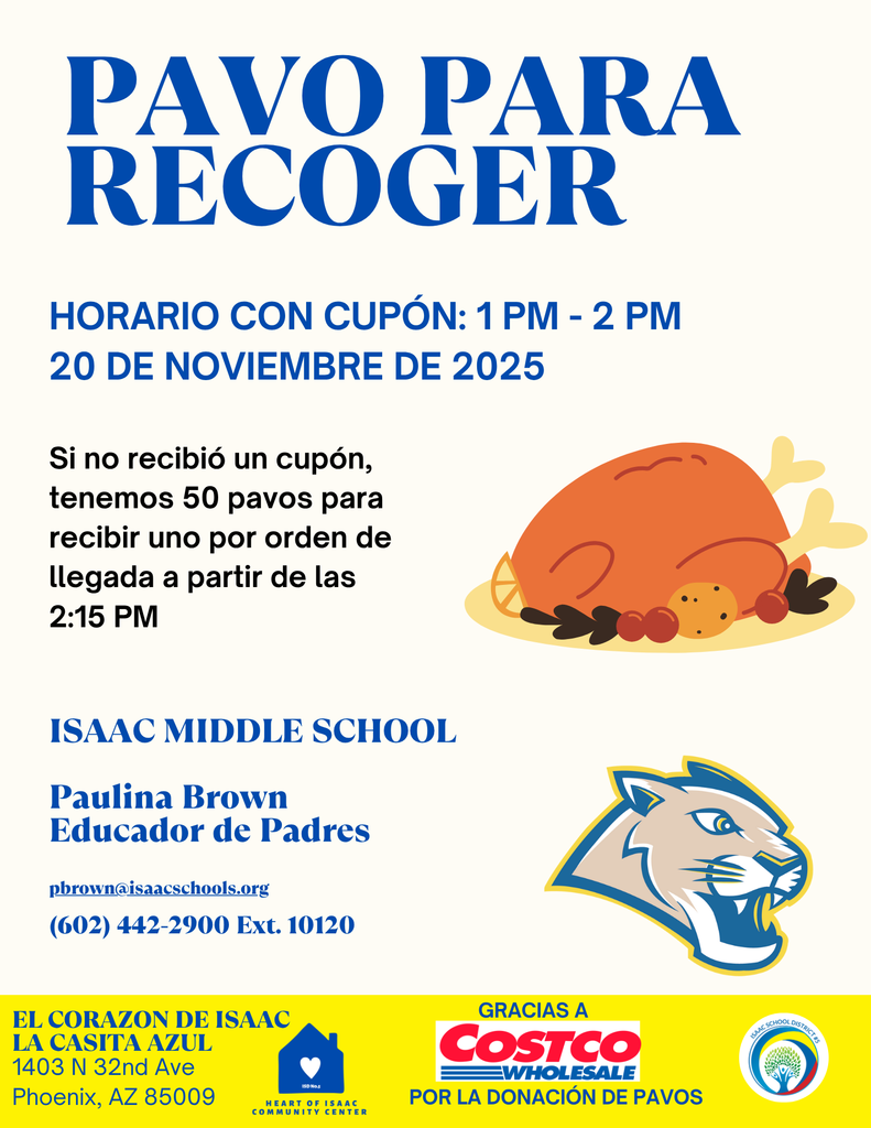 Attention IMS families! 🦃 We have 20 coupons available to redeem 1 turkey at La Casita Azul (HOI)!  Pick up your ticket starting today at the school.  The turkey can be picked up on Thursday, November 20, from 1 PM to 2 PM at La Casita Azul.  Ask for the Parent Educator when you arrive.  ⚠️ Only 20 tickets available – first come, first served!