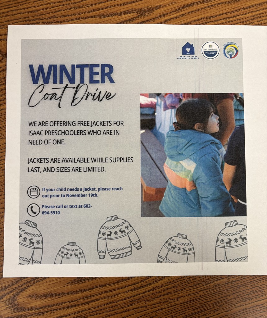 Grey flyer with a picture of a girl in a blue winter coat with the text describing a winter coat drive and the information to go with it.