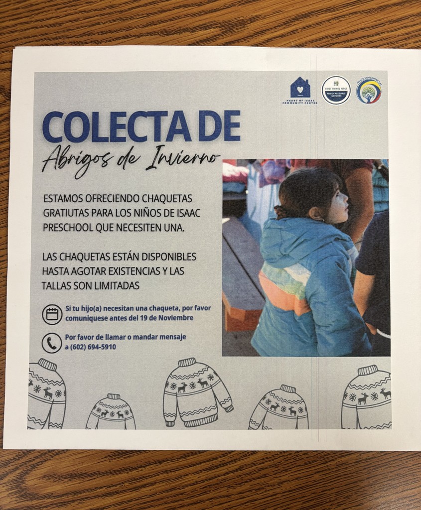 Folleto gris con la imagen de una niña con un abrigo de invierno azul y un texto que describe una campaña de recogida de abrigos de invierno e información relacionada.