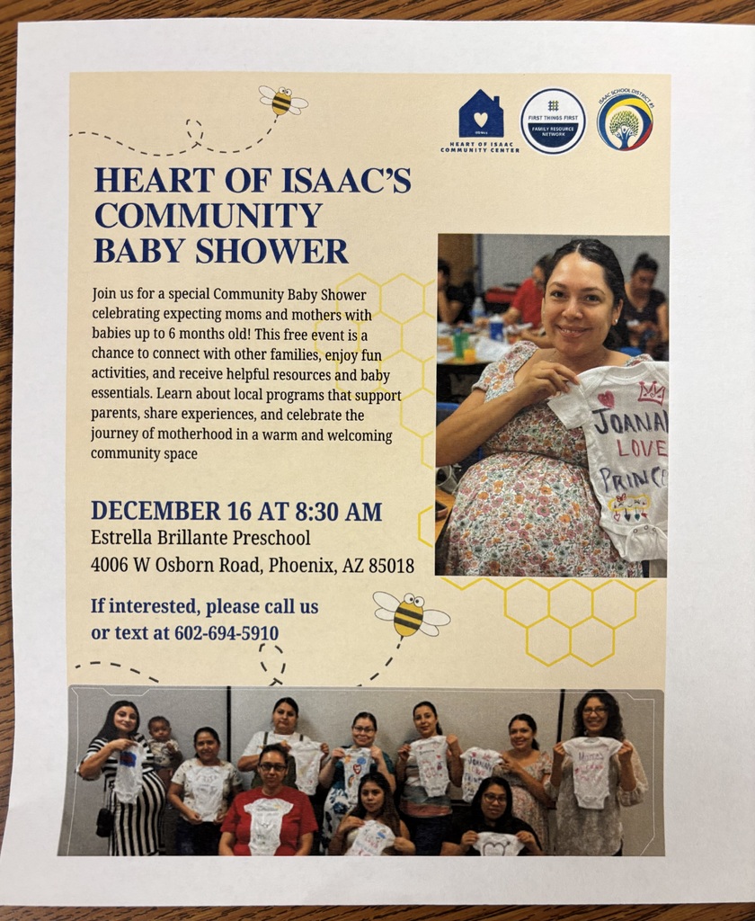 Pale yellow flyer with cartoon bees, a picture of a pregnant mother holding a onesie, and a picture of 10 mothers holding onesies. The text is describing and giving details of a community baby shower being hosted in December.