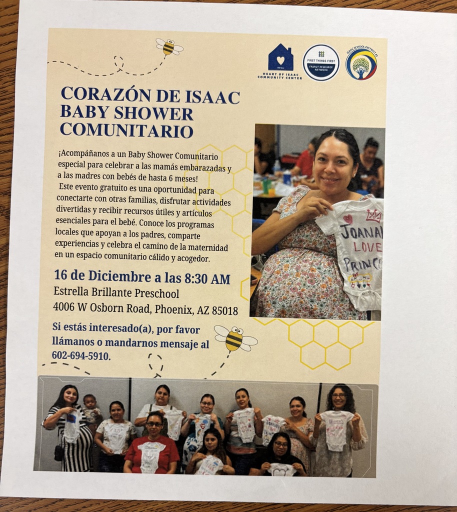 Folleto amarillo pálido con abejas de dibujos animados, la foto de una mujer embarazada con un mameluco y la foto de diez madres con mamelucos. El texto describe y detalla un baby shower comunitario que se celebrará en diciembre.
