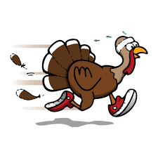 Cartoon turkey that is running and wearing a sweatband and sneakers