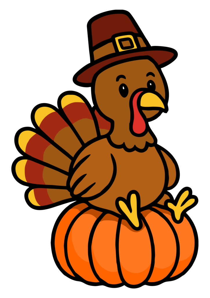 Cartoon turkey wearing a pilgrim hat and sitting on a pumpkin