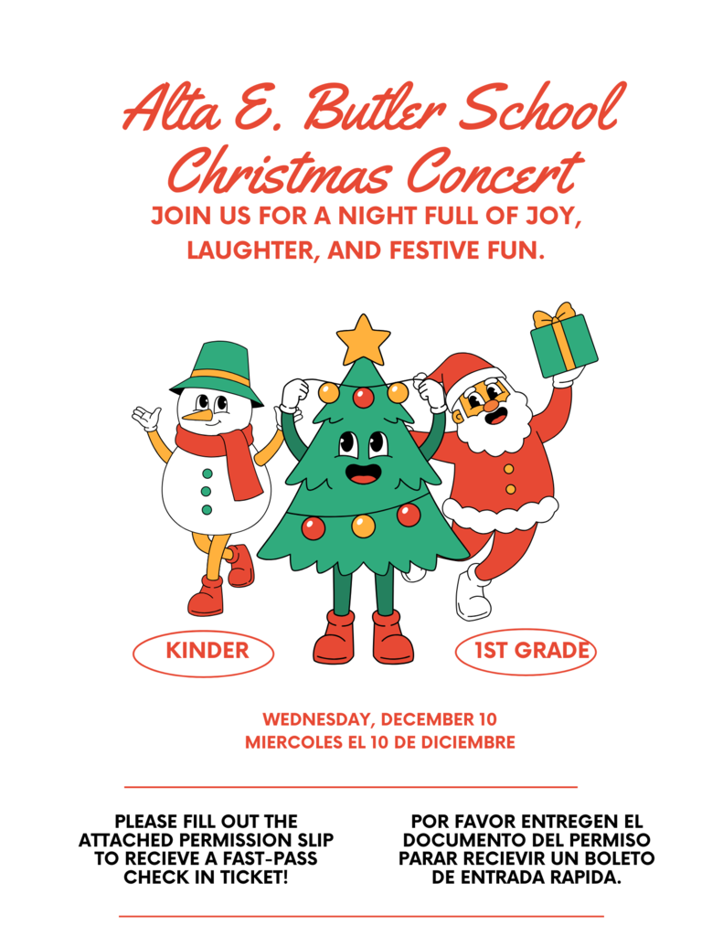 Kinder and 1st Grade Butler Winter Concerts will be on Wednesday, December 10th. Students need to arrive at 4:15 pm and the Concerts will be held at Morris K. Udall Middle School.  Los Conciertos de Invierno de Butler para Kínder y 1er grado se celebrarán el miércoles 10 de diciembre. Los alumnos deben llegar a las 4:15 pm. Los conciertos se celebrarán en la Escuela Secundaria Morris K. Udall.